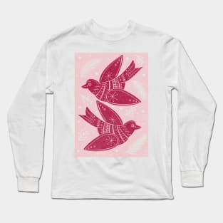 Pink Christmas Turtle Doves with holly and foliage Linoprint repeat pattern Long Sleeve T-Shirt